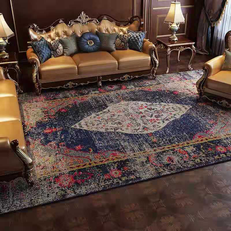 Navy Traditional Carpet Polyester Graphic Carpet Stain Resistant Carpet for Living Room