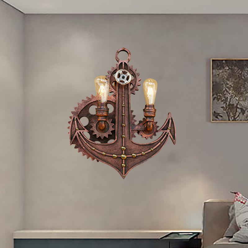 2 Bulbs Anchor Wall Mount Light with Gear Deco Antique Style Aged Brass/Rust Wrought Iron Sconce Lamp for Restaurant