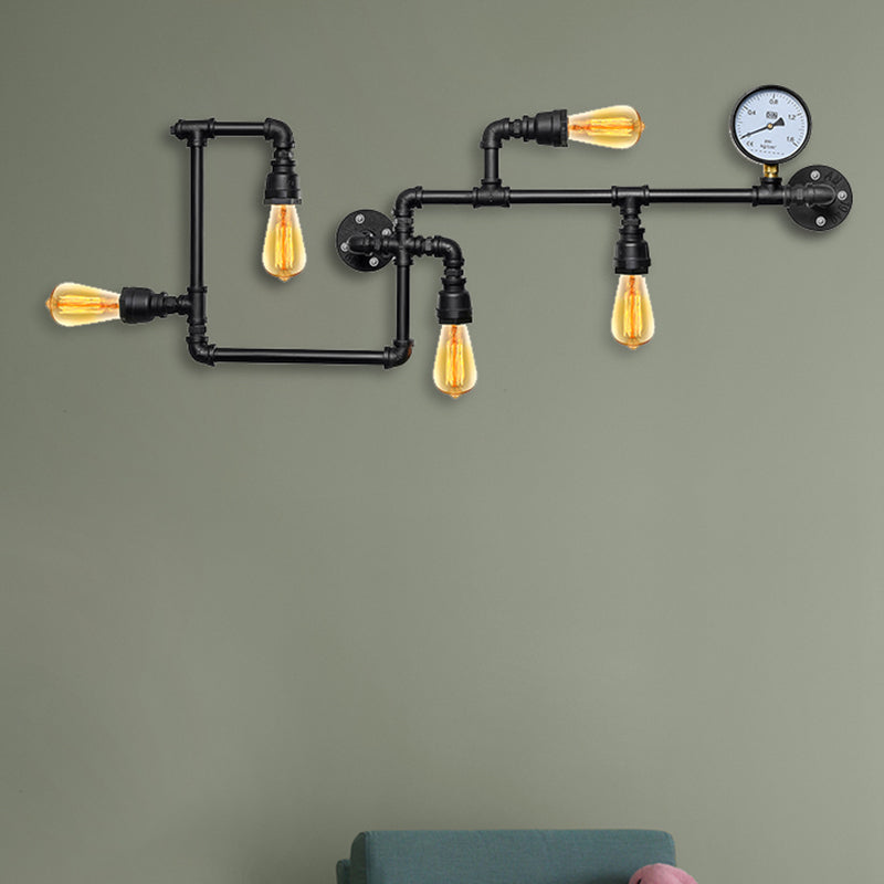 5 Bulbs Wall Lighting Vintage Style Twisted Pipe Metallic Wall Mounted Lamp with Pressure Gauge in Black