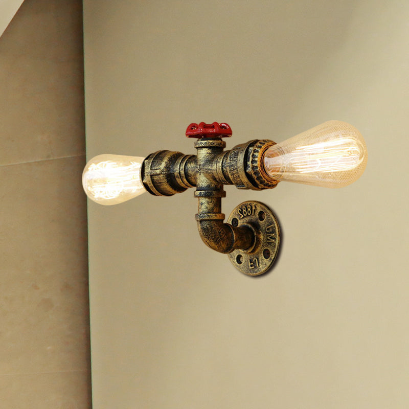 Bronze/Antique Brass 2 Heads Wall Light Fixture Warehouse Style Wrought Iron Bare Bulb Sconce Lamp with Pipe and Valve
