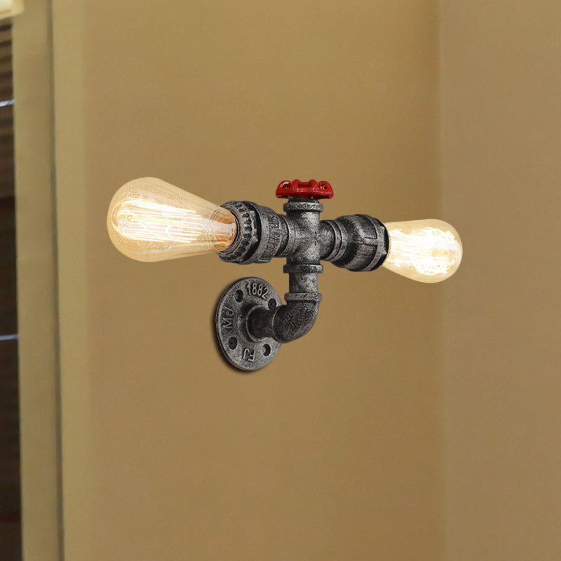 Bronze/Antique Brass 2 Heads Wall Light Fixture Warehouse Style Wrought Iron Bare Bulb Sconce Lamp with Pipe and Valve