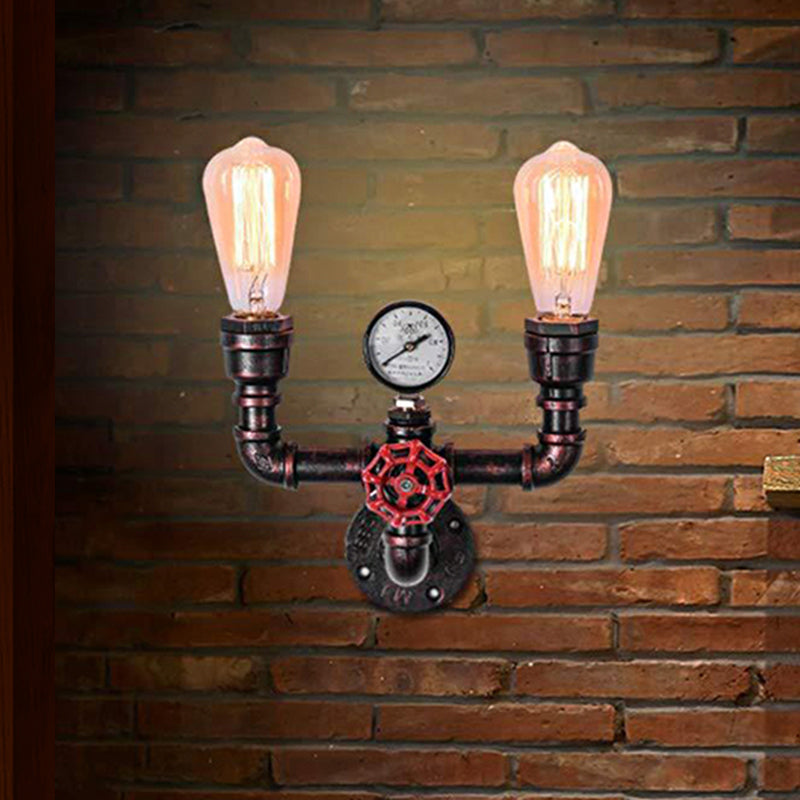 Antique Copper Water Pipe Wall Lighting with Pressure Gauge Rustic Iron 2/3 Heads Restaurant Wall Mount Light