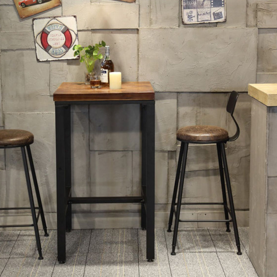 Pine Wood Bar Dining Table Industrial Bar Table with 4 Legs Base for Cafe Milk Tea Shop