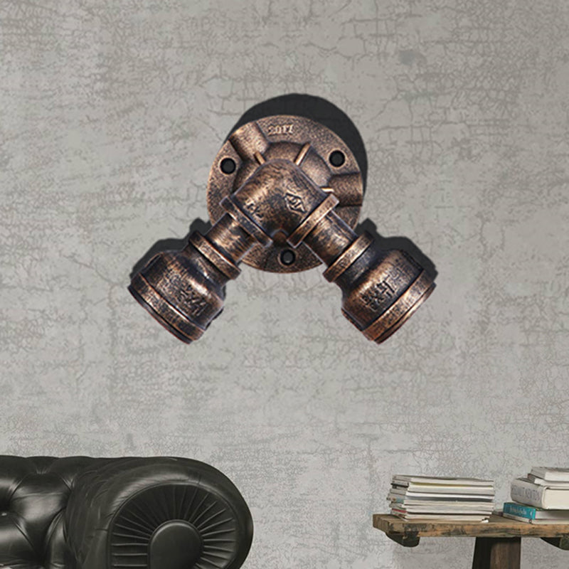 2 Heads Wall Sconce Fixture with Pipe Wrought Iron Shade Rustic Style Living Room Wall Fixture Light in Aged Bronze