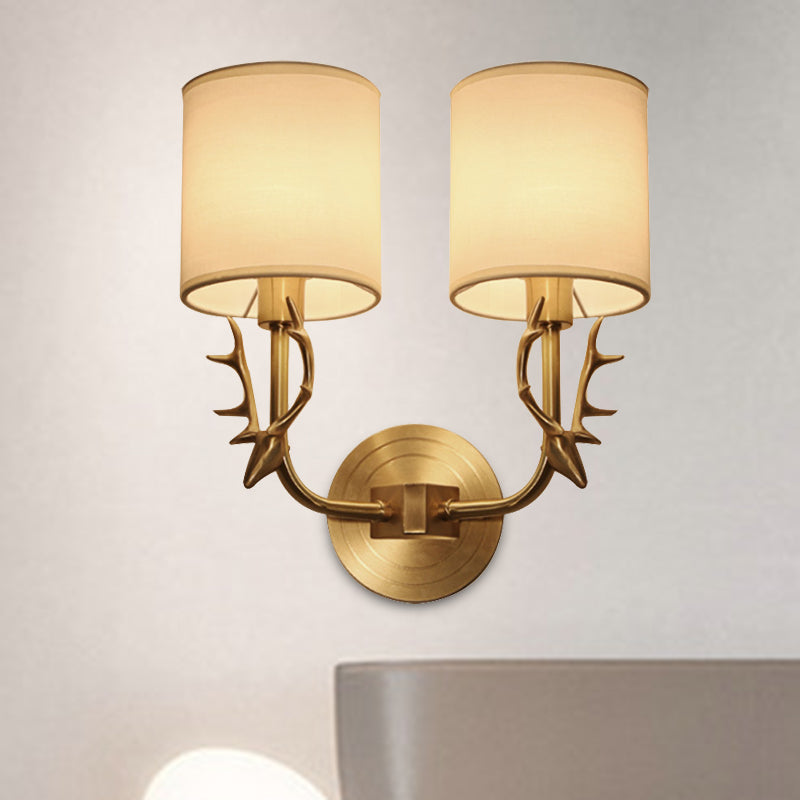 Modernism 1/2 Lights Wall Sconce with Fabric Shade Black/Gold Cylinder Wall Mount Light Fixture with Metal Antler
