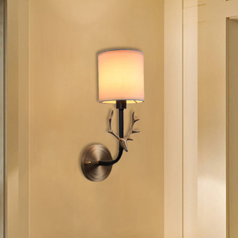 Modernism 1/2 Lights Wall Sconce with Fabric Shade Black/Gold Cylinder Wall Mount Light Fixture with Metal Antler