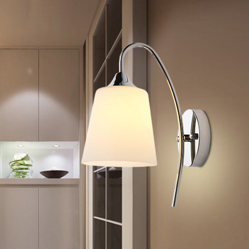 Bell Milk Glass Sconce Light Modernist 1 Light Chrome Wall Mounted Lamp with Curved Arm