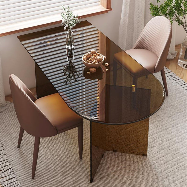 Tempered Glass Dining Table for Restaurant Modern Free Form Table with Double Pedestal