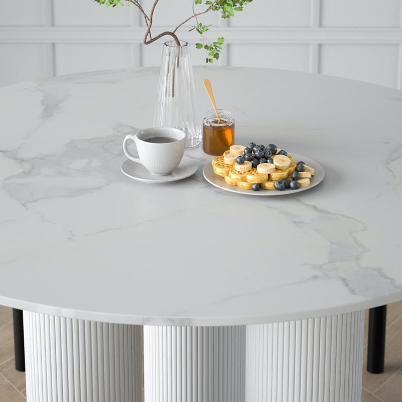 Mesa de comedor redonda contemporánea de piedra, acabado mate, mesa de 3 patas para cocina