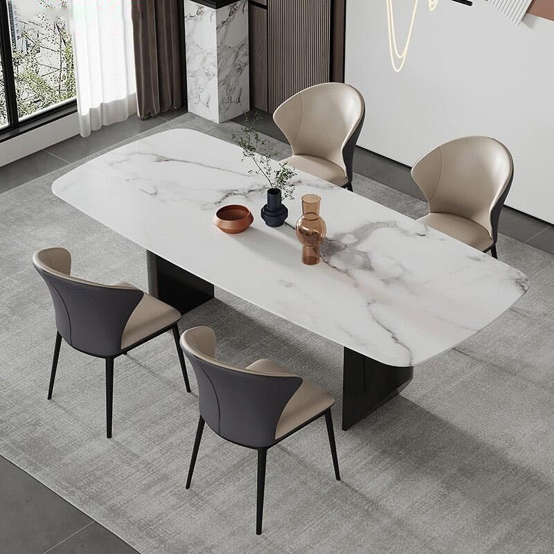 Rectangle Stone Top Dining Table Contemporary Dining Table with Double Pedestal Base