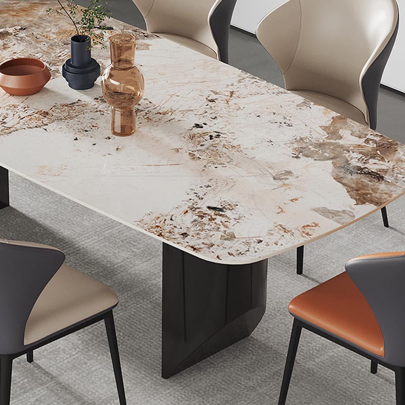 Rectangle Stone Top Dining Table Contemporary Dining Table with Double Pedestal Base