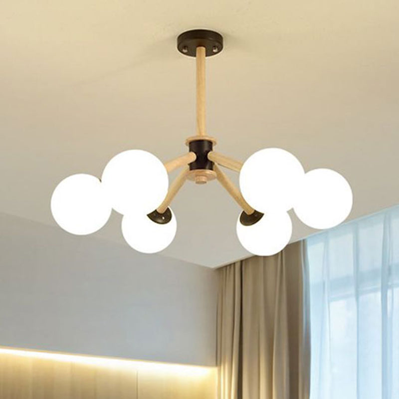 Lampadella del soffitto di uva in vetro bianco 6 luci moderne luce sospesa con ramo in legno