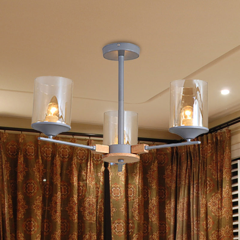 Cognac Cylinder Shade Chandelier Lighting 3/6 Heads Contemporary Wood Hanging Light for Living Room