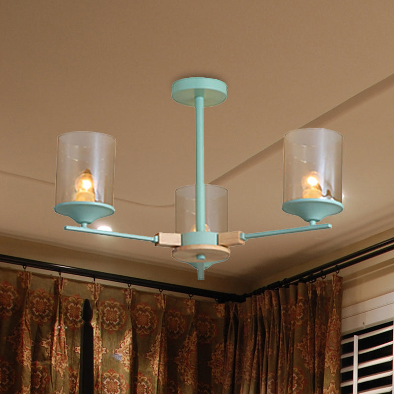 Cognac Cylinder Shade Chandelier Lighting 3/6 Heads Contemporary Wood Hanging Light for Living Room