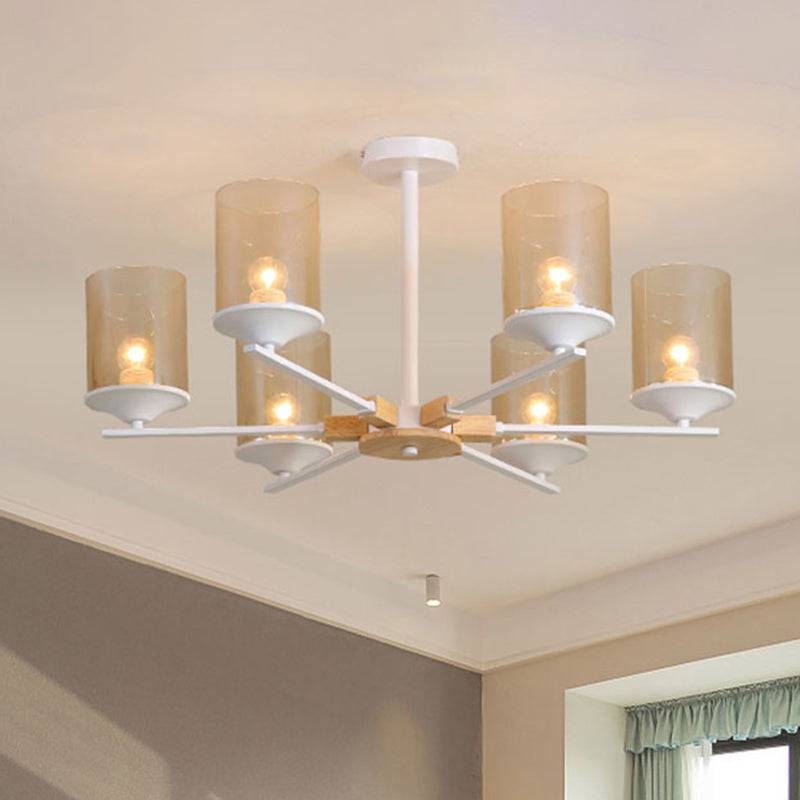 Cognac Cylinder Shade Chandelier Lighting 3/6 Heads Contemporary Wood Hanging Light for Living Room