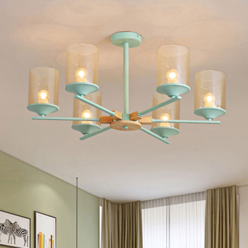 Cognac Cylinder Shade Chandelier Lighting 3/6 Heads Contemporary Wood Hanging Light for Living Room