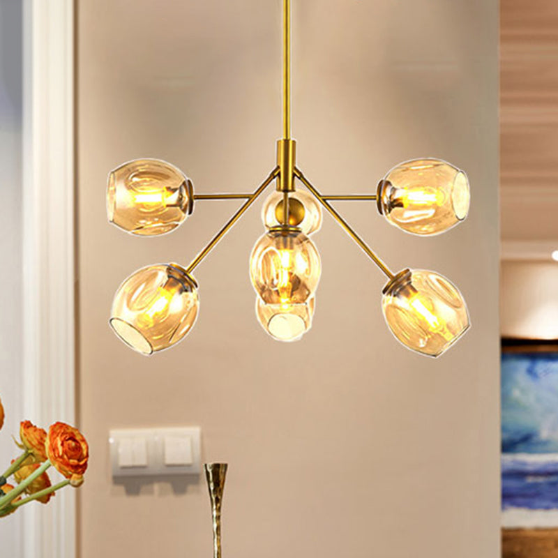 7/9/13 Lumières Branche Chandelier Post Modern Amber Glass Shade suspendu lampe en or
