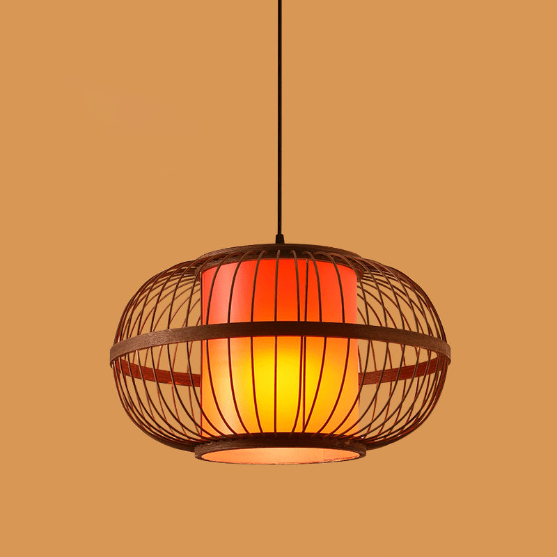 Chinese Style Bamboo Pendant Light Geometric Brown Hanging Pendant for Restaurant