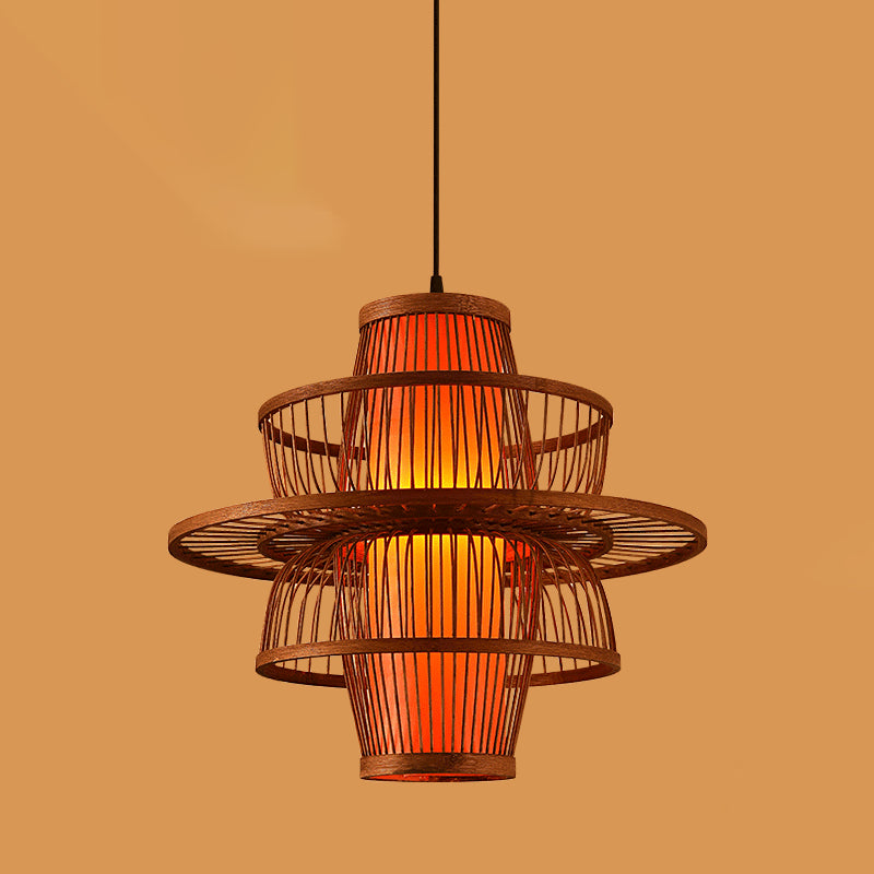 Chinese Style Bamboo Pendant Light Geometric Brown Hanging Pendant for Restaurant