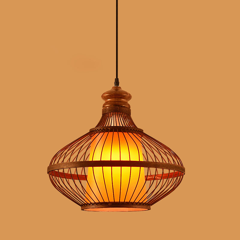 Chinese Style Bamboo Pendant Light Geometric Brown Hanging Pendant for Restaurant