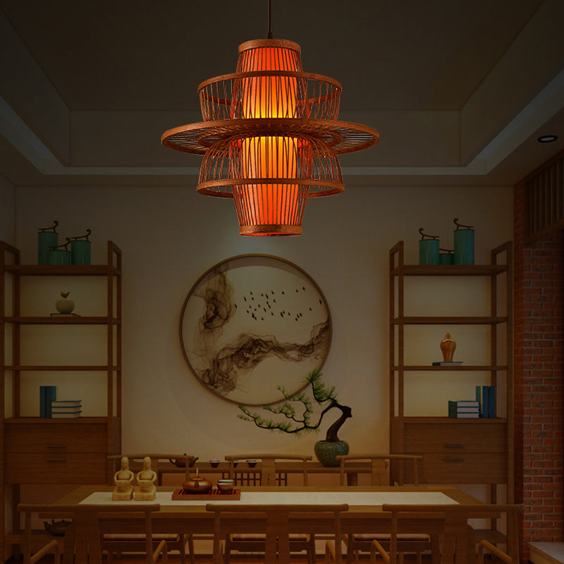 Chinese Style Bamboo Pendant Light Geometric Brown Hanging Pendant for Restaurant