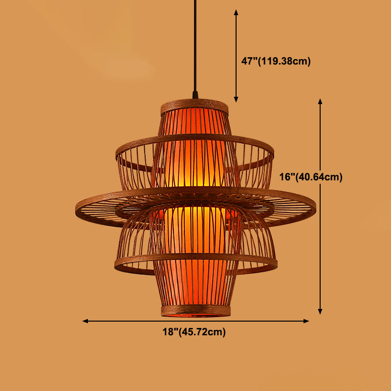 Chinese Style Bamboo Pendant Light Geometric Brown Hanging Pendant for Restaurant