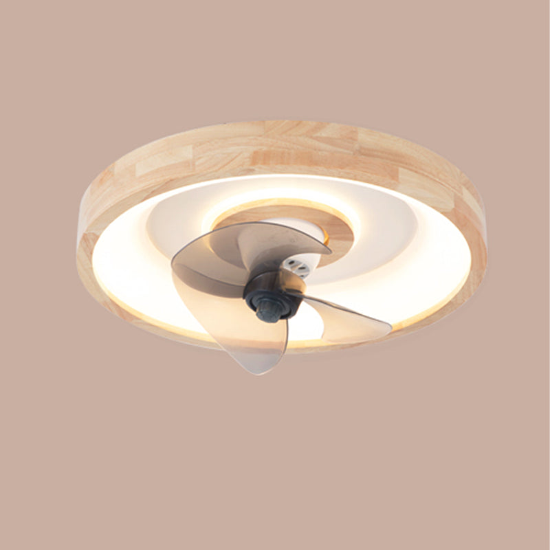 Solid Wood Round Ceiling Fan Lamp Nordic Bedroom LED Semi Flush Light with Rotatable Head