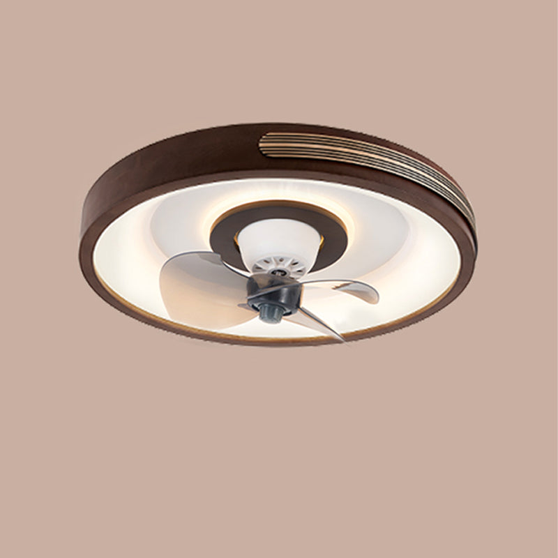 Solid Wood Round Ceiling Fan Lamp Nordic Bedroom LED Semi Flush Light with Rotatable Head