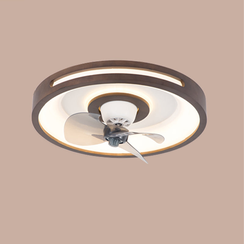 Solid Wood Round Ceiling Fan Lamp Nordic Bedroom LED Semi Flush Light with Rotatable Head