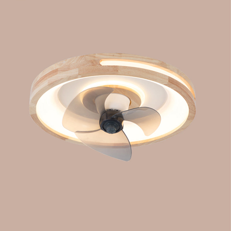 Solid Wood Round Ceiling Fan Lamp Nordic Bedroom LED Semi Flush Light with Rotatable Head