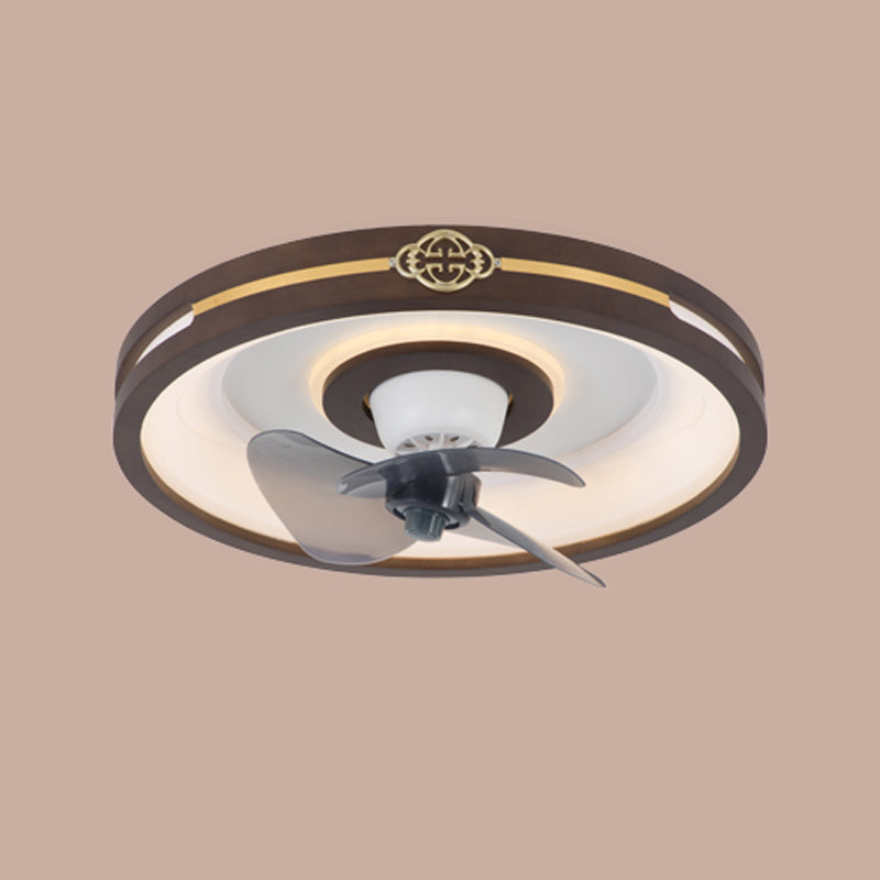 Solid Wood Round Ceiling Fan Lamp Nordic Bedroom LED Semi Flush Light with Rotatable Head