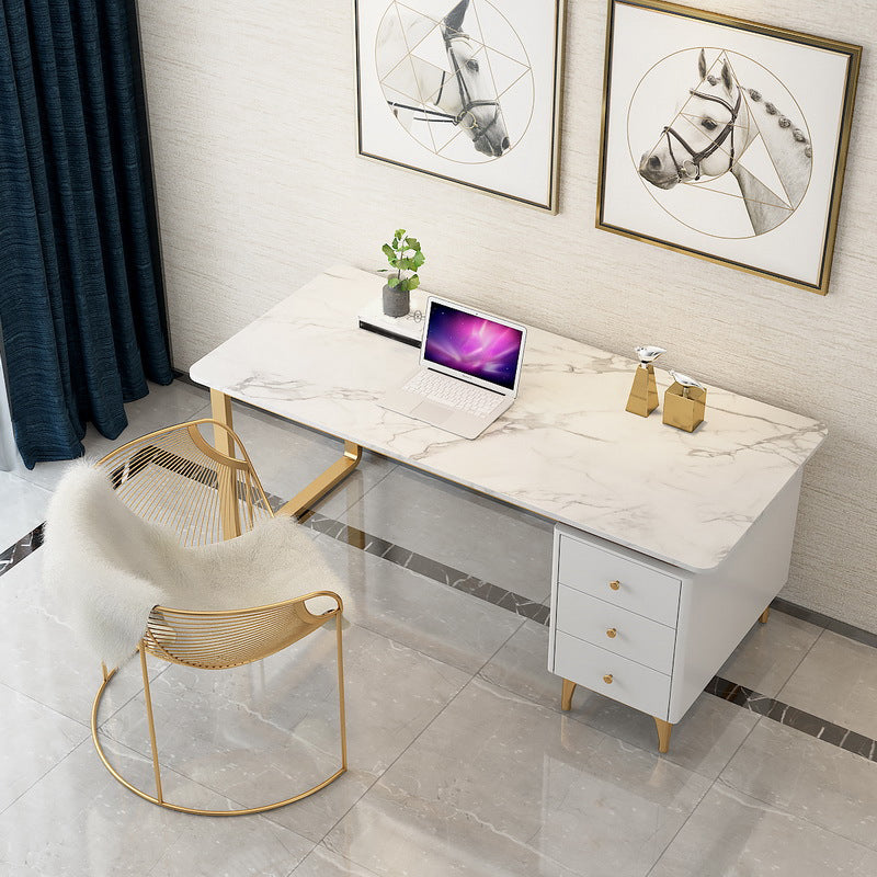 Artificial Marble Office Desk Glam Style Writing Desk with 3-drawer