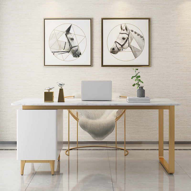 Artificial Marble Office Desk Glam Style Writing Desk with 3-drawer