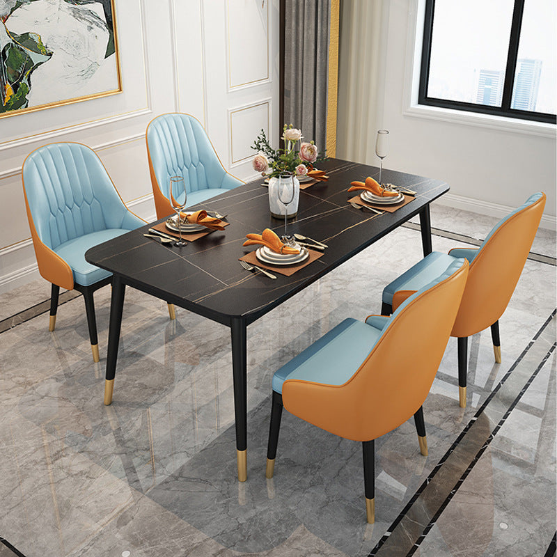 Stone Top Dining Table Contemporary Rectangle Table with 4 Black Legs