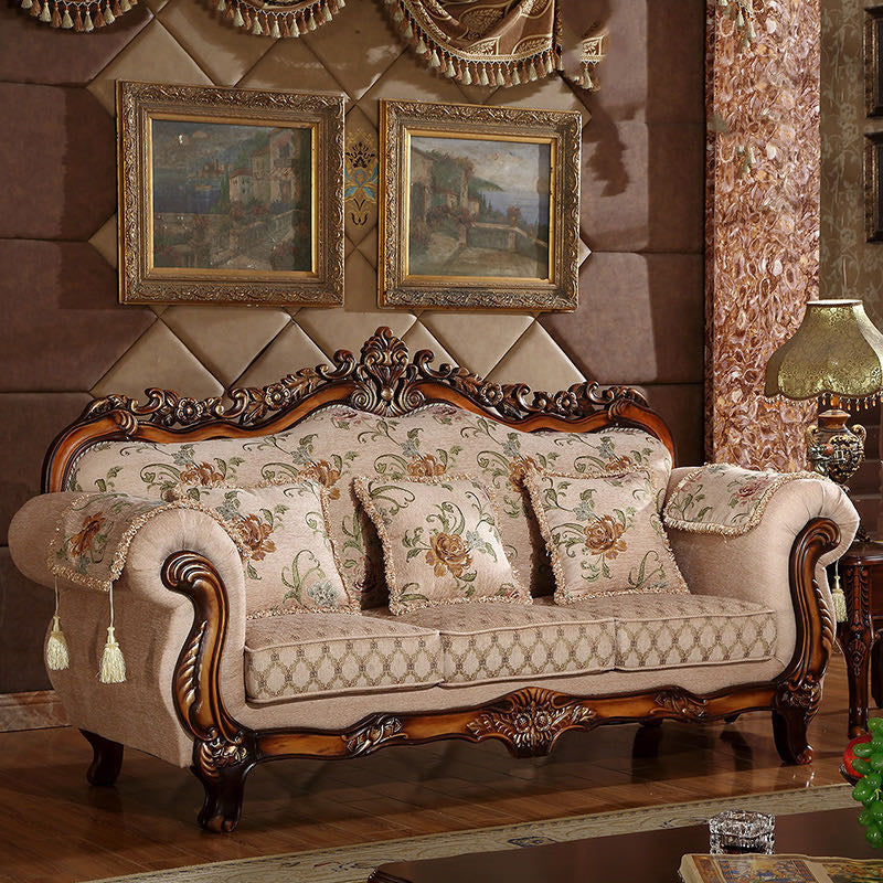 49" High Rustic Rolled Arm Sofa Linen Curved Sofa with Camel Back for Apartment