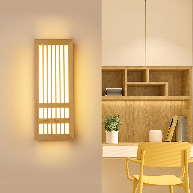 Japanese Style Wood Wall Light Cuboid LED Wall Sconce in Yellow for Bedroom