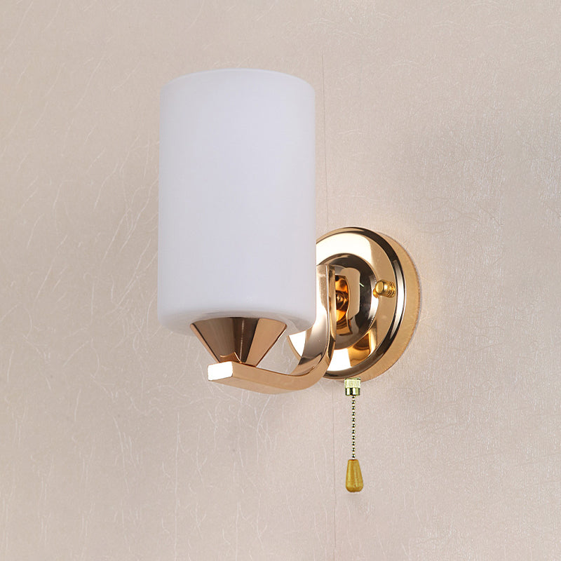 Cylindrical Shade Wall Lamp Modern White Glass Bedroom Sconce Light