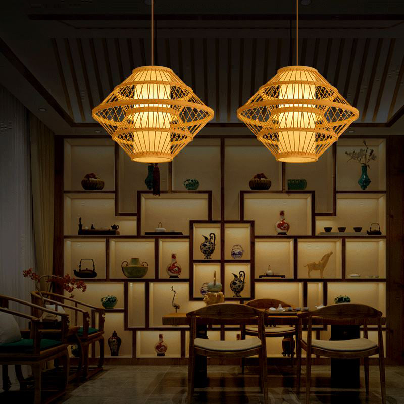 Chinese Style Bamboo Pendant Light Geometric Hanging Pendant for Restaurant