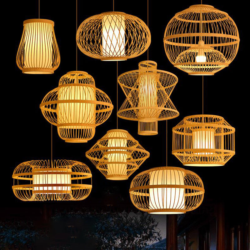 Chinese Style Bamboo Pendant Light Geometric Hanging Pendant for Restaurant