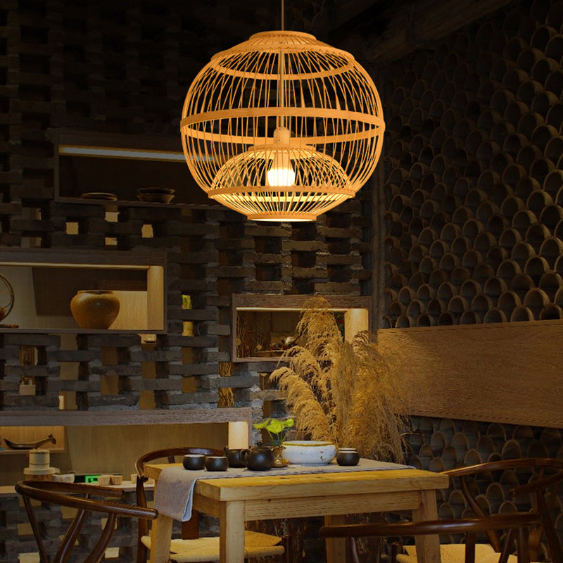 Chinese Style Bamboo Pendant Light Geometric Hanging Pendant for Restaurant