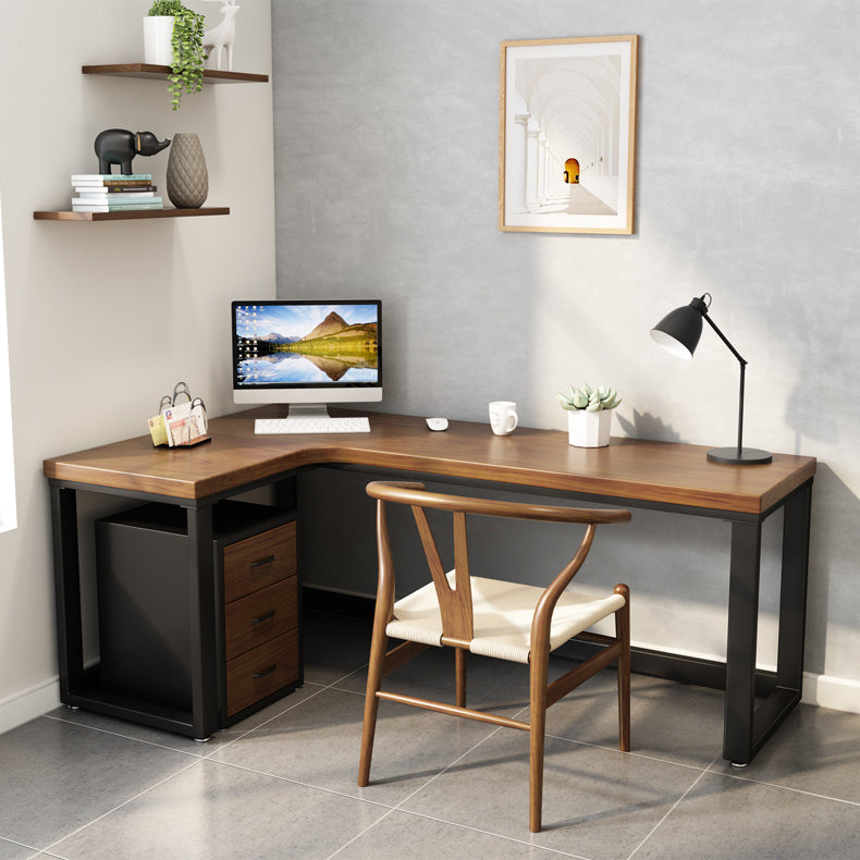Solid Wood Writing Desk Brown L-Shape Desk with Black Steel Table Leg