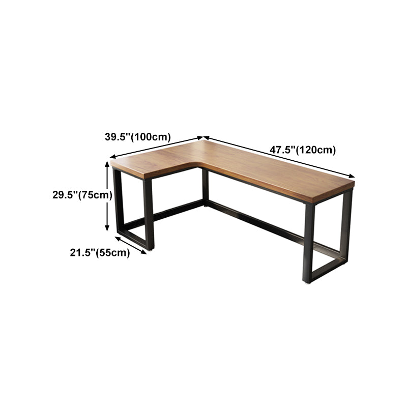 Solid Wood Writing Desk Brown L-Shape Desk with Black Steel Table Leg