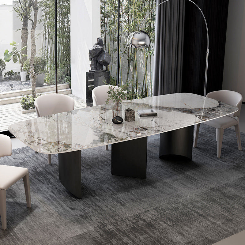 Stone Top Dining Table Contemporary Rectangle Dining Table with Black Base