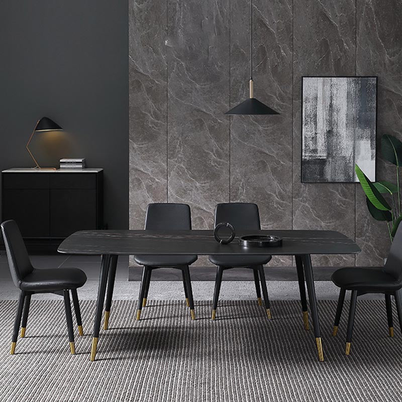 Contemporary Stone Dining Table Black Rectangle Dining Table with 4 Wood Legs