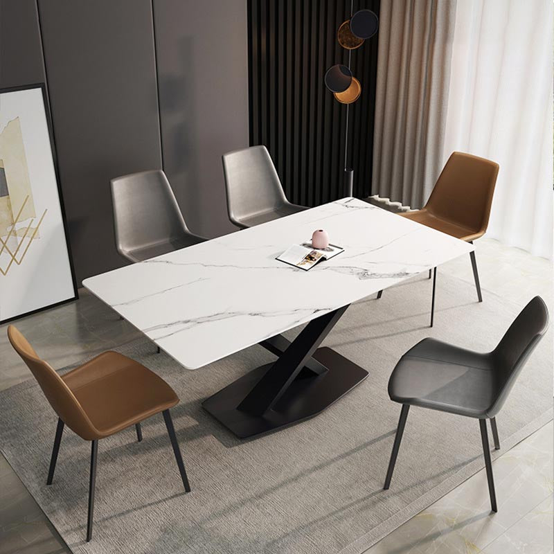 Contemporary Stone Dining Table Rectangle Dining Table with Pedestal Base in Black