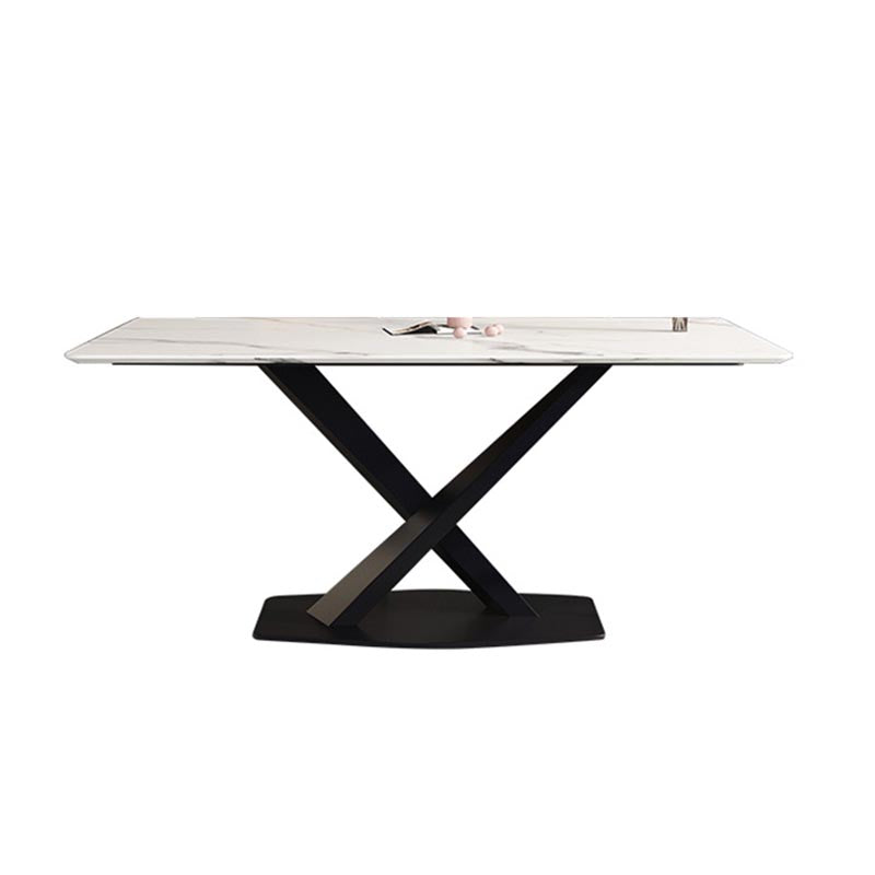 Contemporary Stone Dining Table Rectangle Dining Table with Pedestal Base in Black