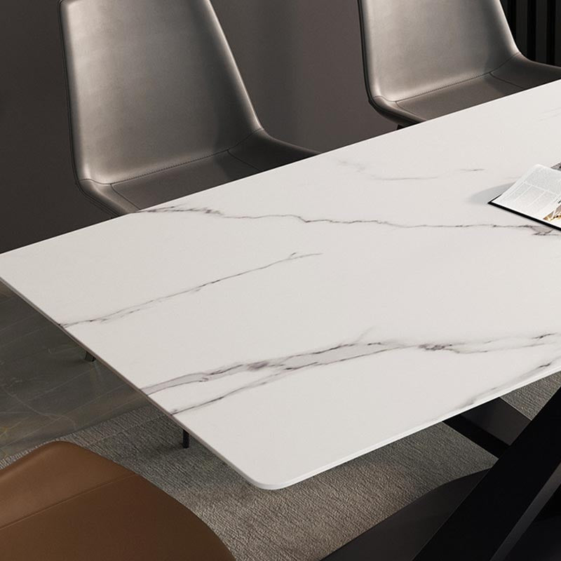 Contemporary Stone Dining Table Rectangle Dining Table with Pedestal Base in Black