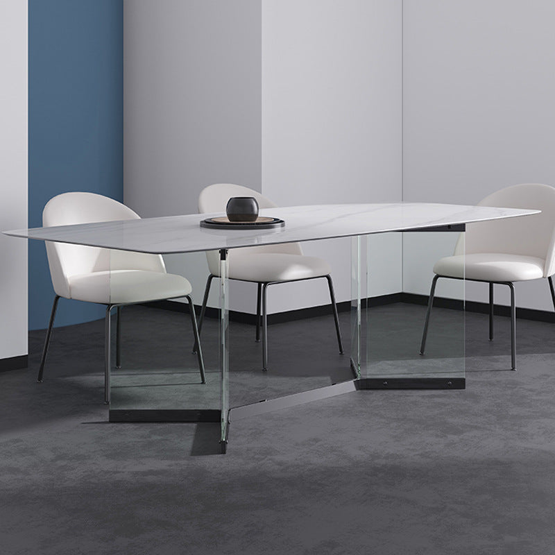 Modern Stone Double Pedestal Dining Table Rectangle White Top Table for Home