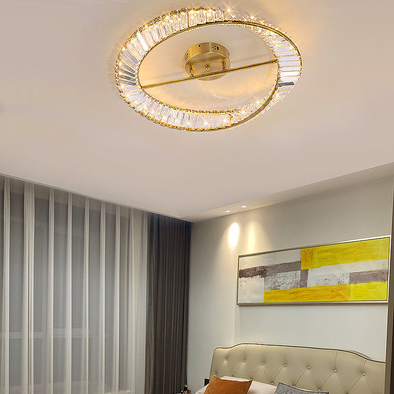 Contemporary Circular Flush Light Crystal 1 Light Flush Mount Ceiling Fixture in Gold