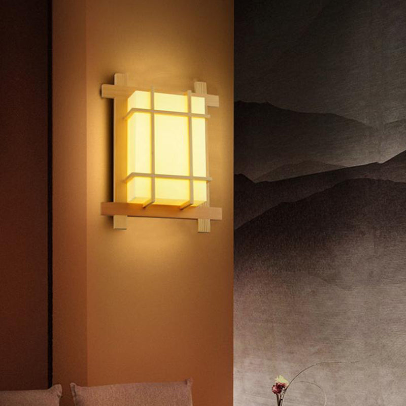 Square Shape Wooden Wall Sconce 1-Light Simple Wall Mount Lamp for Living Room